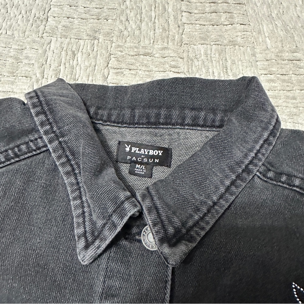 Playboy Pacsun Rhinestone Bling Cropped Black Denim Jacket NWT Logo - Picture 10 of 12